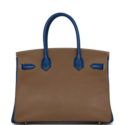 Hermes Special Order (HSS) Birkin 30 Etoupe and Bleu Saphire Chevre Brushed Gold Hardware