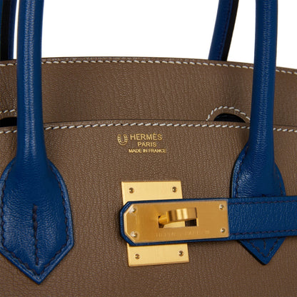 Hermes Special Order (HSS) Birkin 30 Etoupe and Bleu Saphire Chevre Brushed Gold Hardware