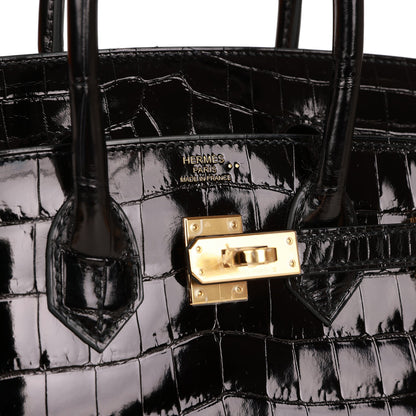 Hermes Birkin 25 Black Shiny Niloticus Crocodile Gold Hardware