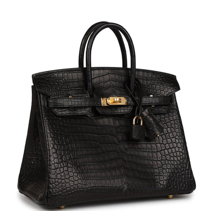 Hermes Birkin 25 Black Matte Porosus Crocodile Gold Hardware