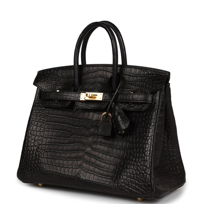 Hermes Birkin 25 Black Matte Porosus Crocodile Gold Hardware