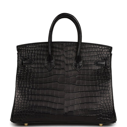 Hermes Birkin 25 Black Matte Porosus Crocodile Gold Hardware