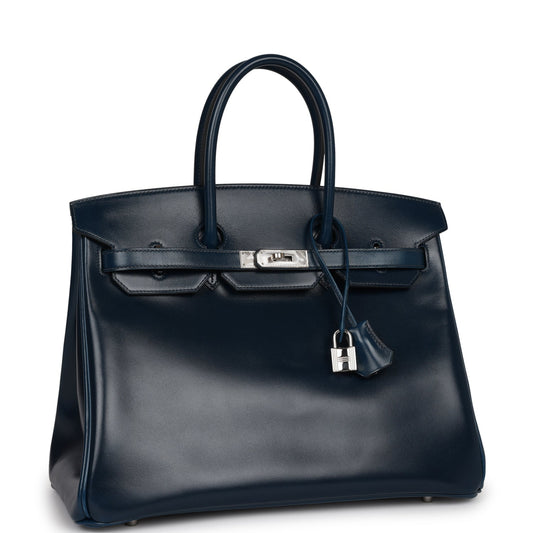 Hermes Birkin 35 Bleu De Prusse Box Calf Guilloché Palladium Hardware