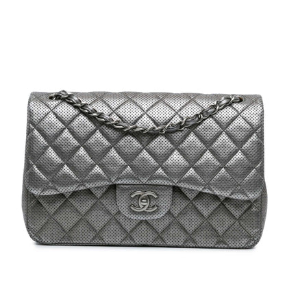 Silver Chanel Jumbo Classic Perforated Lambskin Double Flap Shoulder Bag