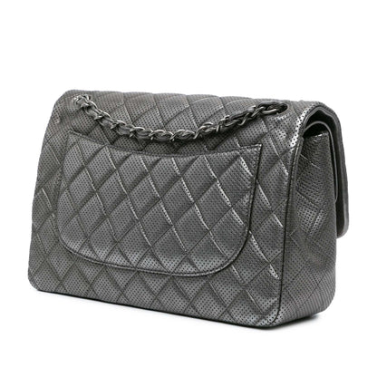 Silver Chanel Jumbo Classic Perforated Lambskin Double Flap Shoulder Bag