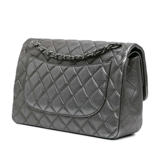 Silver Chanel Jumbo Classic Perforated Lambskin Double Flap Shoulder Bag
