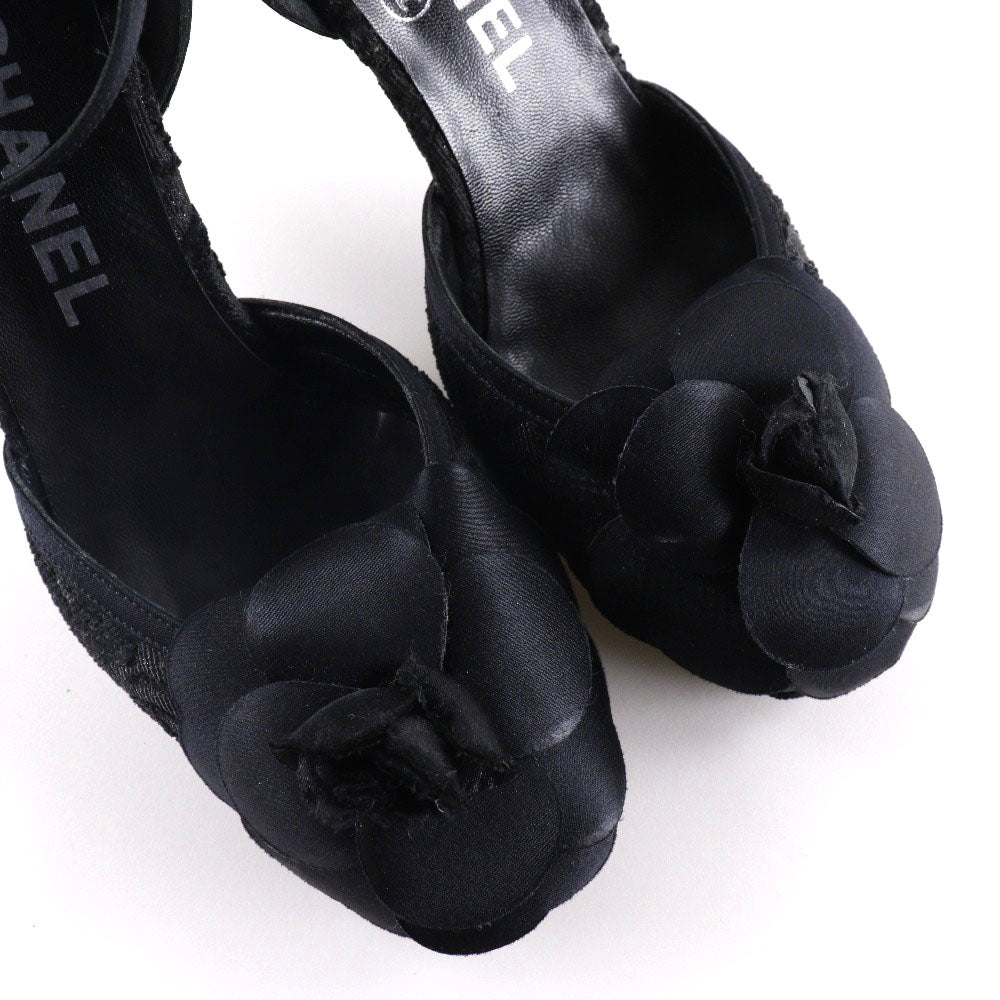 CHANEL Sandals Satin black Ankle strap Camelia Women 35 1/2 Used