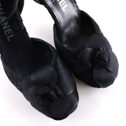 CHANEL Sandals Satin black Ankle strap Camelia Women 35 1/2 Used
