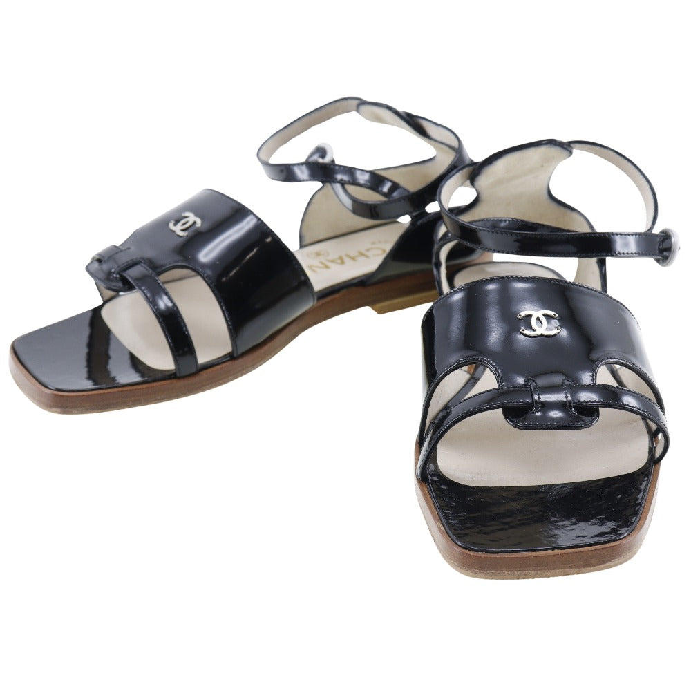 CHANEL Sandals Patent leather black Ankle strap flat COCO Mark Women 36 1/2 Used