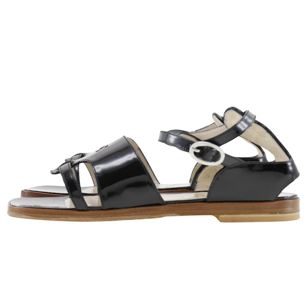 CHANEL Sandals Patent leather black Ankle strap flat COCO Mark Women 36 1/2 Used