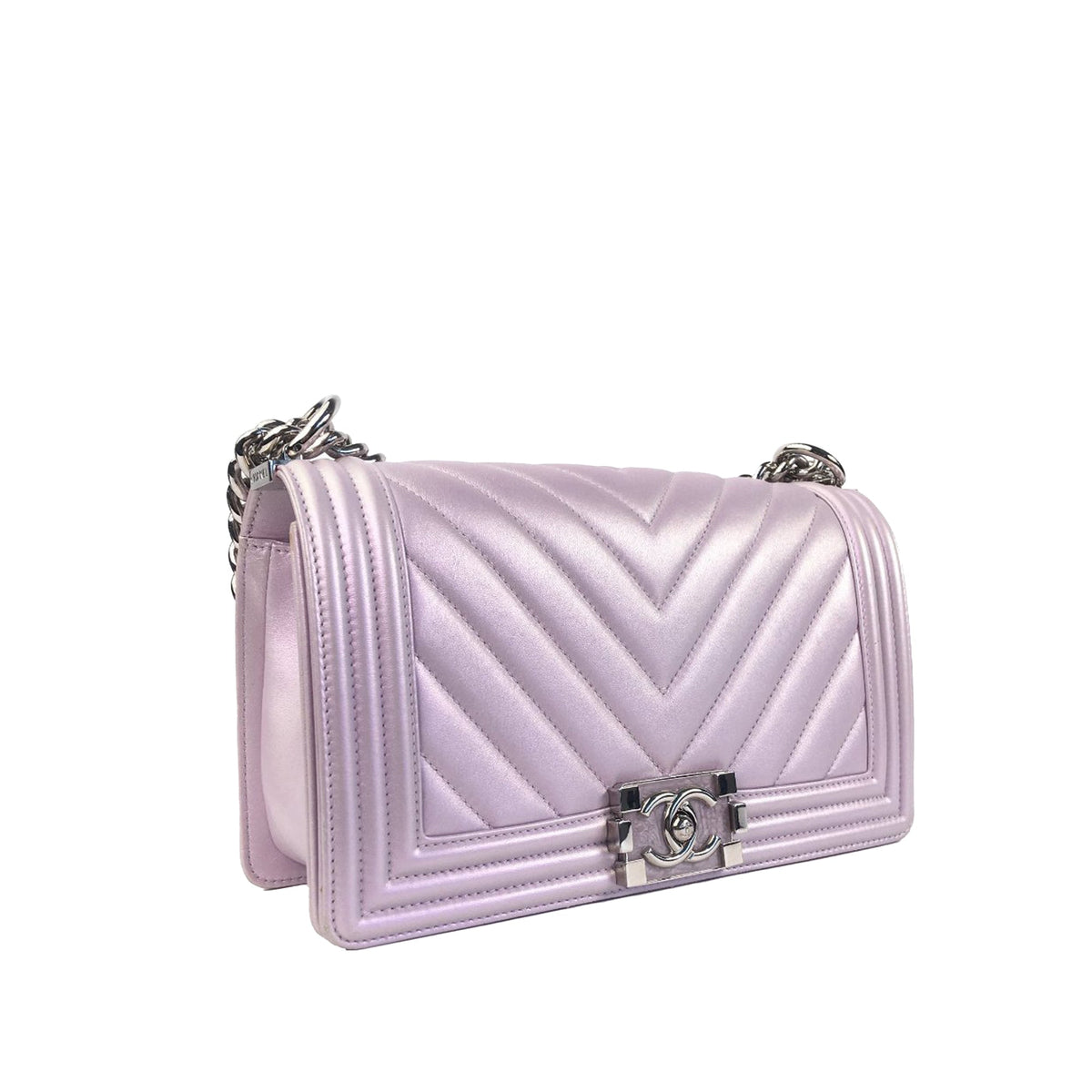 CHANEL Medium Metallic Chevron Quilted Lambskin Boy Flap Bag
