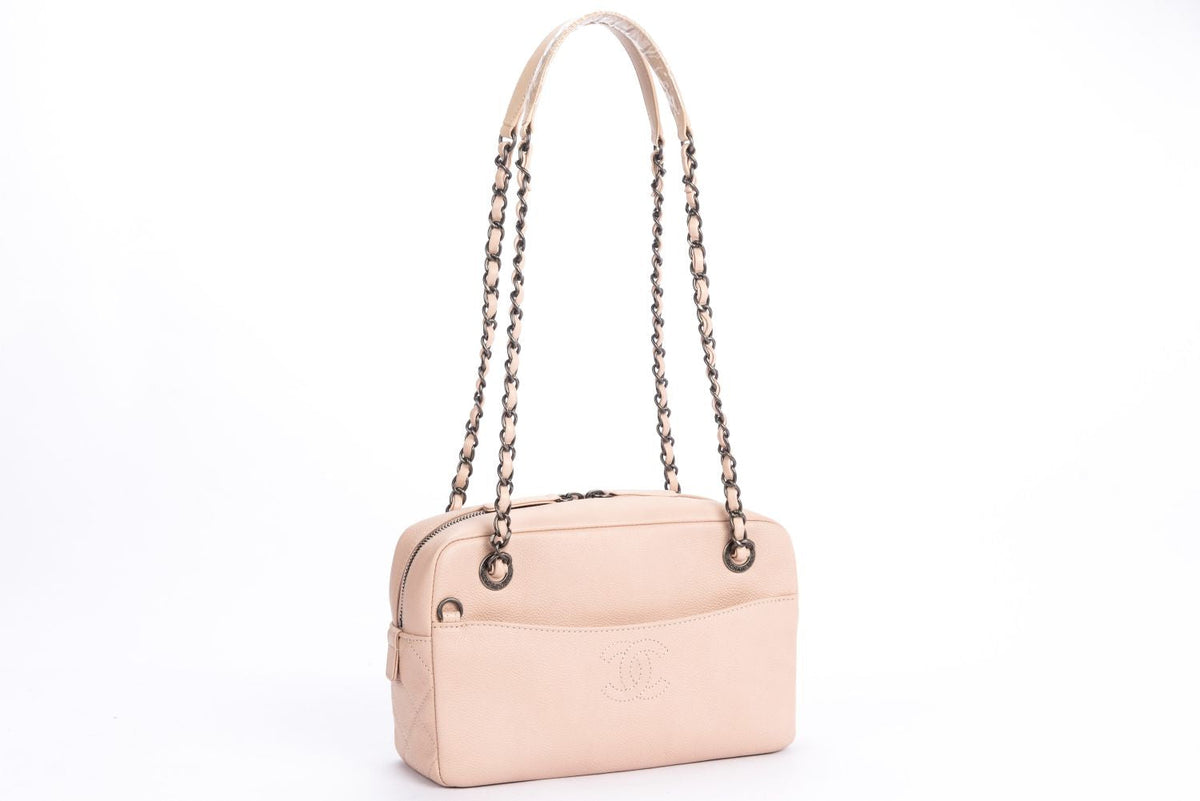 Chanel Light Beige Caviar Leather Camera Bag, Ruthenium Chain