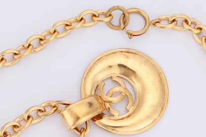 Chanel Gold Plated Necklace with Large Diameter 5cm CC Pendant, long 72cm, with Box