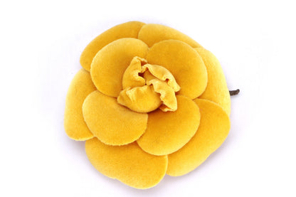 CHANEL YELLOW VELVET CAMELIA BROOCH, WITH BOX