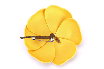 CHANEL YELLOW VELVET CAMELIA BROOCH, WITH BOX