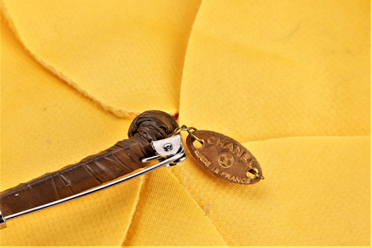 CHANEL YELLOW VELVET CAMELIA BROOCH, WITH BOX