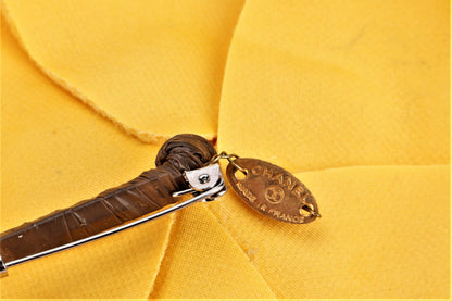 CHANEL YELLOW VELVET CAMELIA BROOCH, WITH BOX