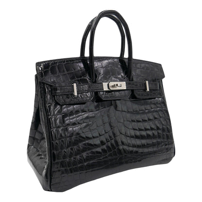 Hermès 25cm Birkin Black Shiny Niloticus Crocodile Palladium Hardware