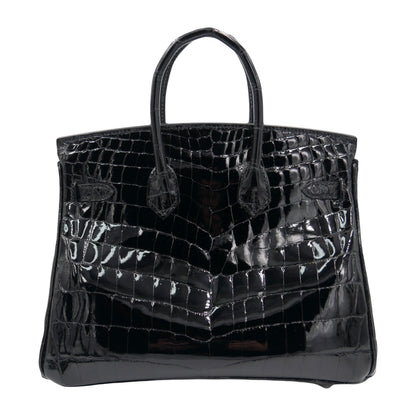 Hermès 25cm Birkin Black Shiny Niloticus Crocodile Palladium Hardware