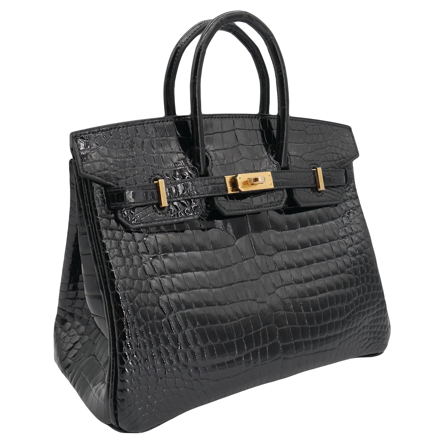 Hermès 25cm Birkin Black Shiny Porosus Crocodile Gold Hardware