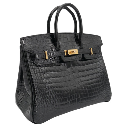 Hermès 25cm Birkin Black Shiny Porosus Crocodile Gold Hardware