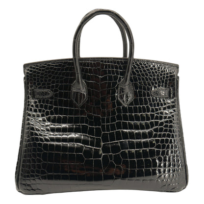 Hermès 25cm Birkin Black Shiny Porosus Crocodile Gold Hardware
