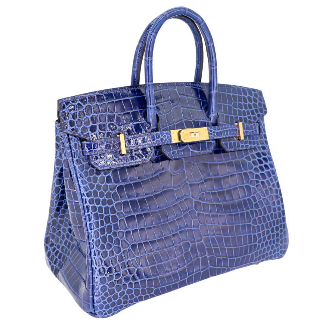 Hermès 25cm Birkin Bleu Saphir Shiny Porosus Crocodile Gold Hardware
