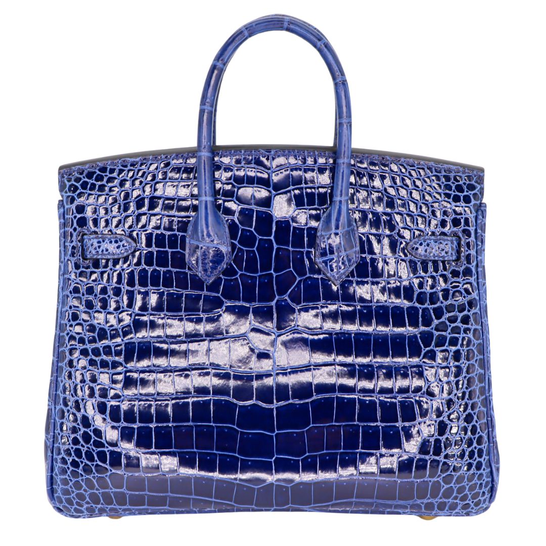 Hermès 25cm Birkin Bleu Saphir Shiny Porosus Crocodile Gold Hardware