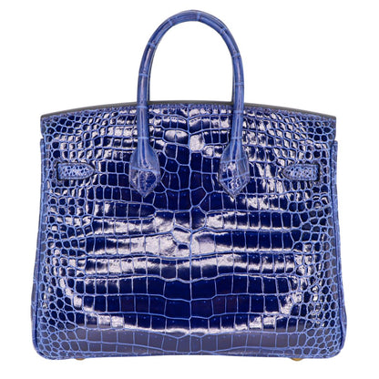Hermès 25cm Birkin Bleu Saphir Shiny Porosus Crocodile Gold Hardware