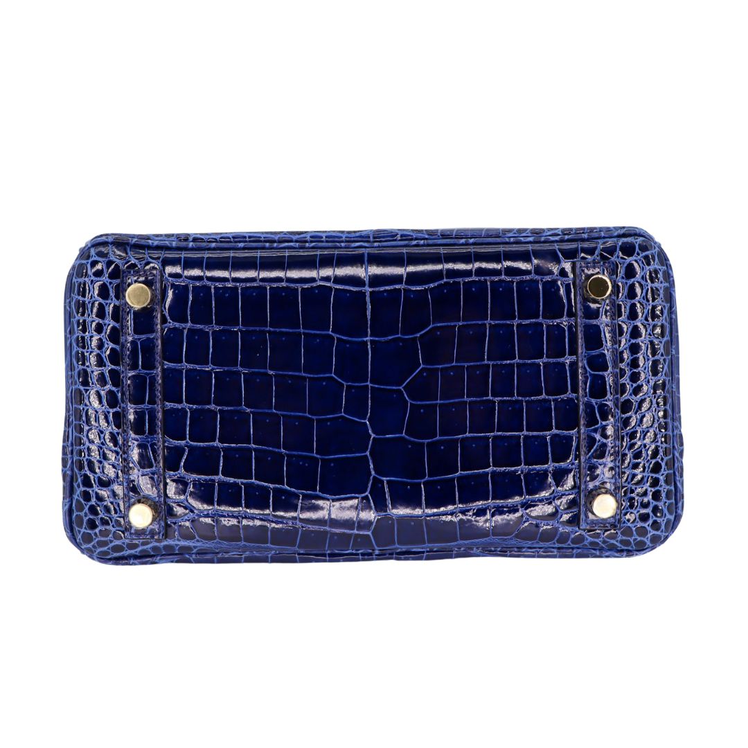 Hermès 25cm Birkin Bleu Saphir Shiny Porosus Crocodile Gold Hardware