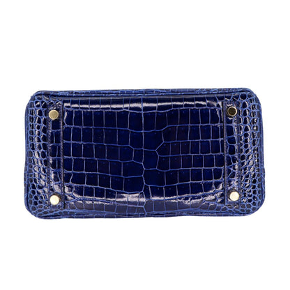 Hermès 25cm Birkin Bleu Saphir Shiny Porosus Crocodile Gold Hardware