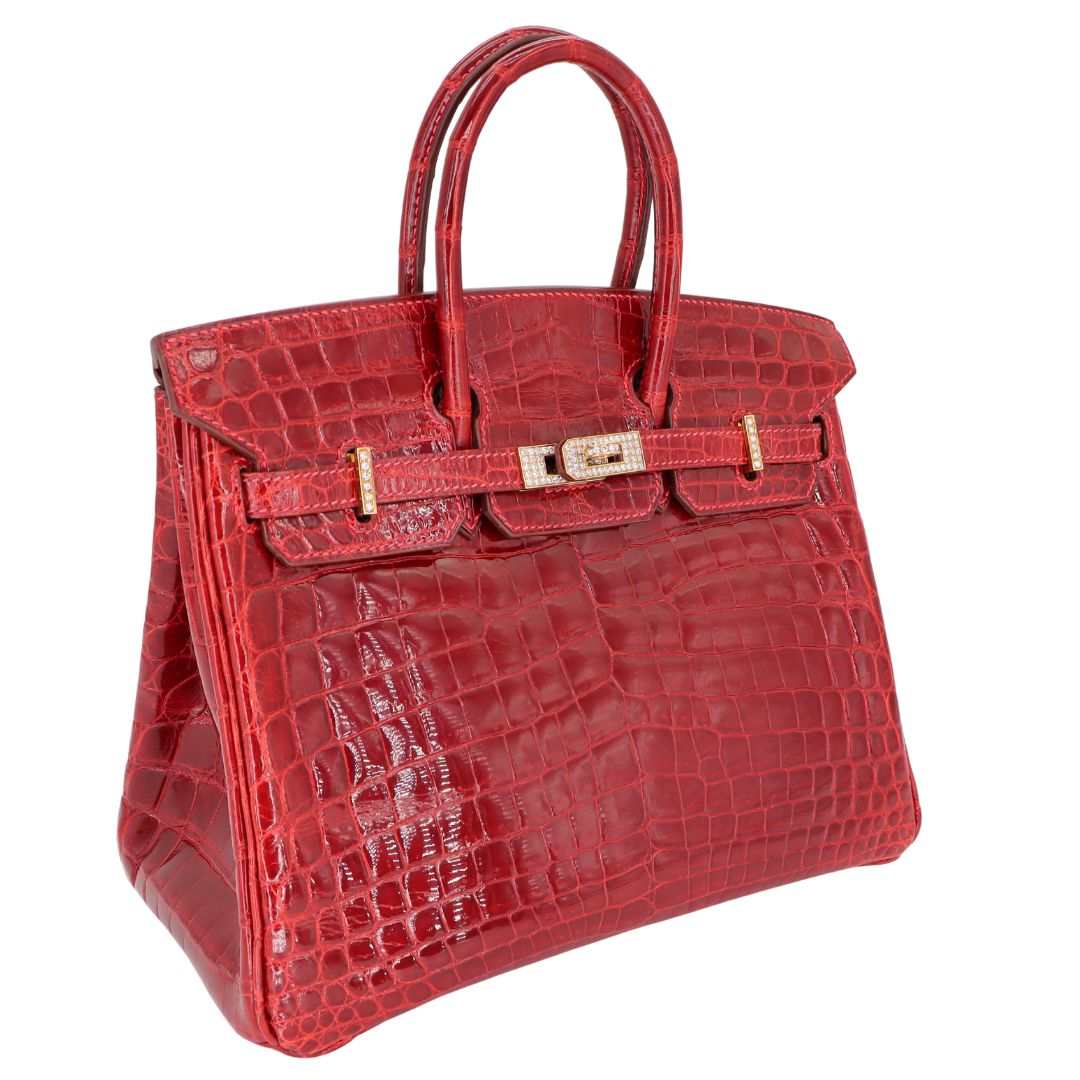 Hermès 25cm Birkin Braise Shiny Niloticus Crocodile Yellow Gold Diamond Hardware