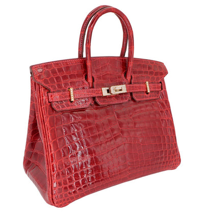 Hermès 25cm Birkin Braise Shiny Niloticus Crocodile Yellow Gold Diamond Hardware