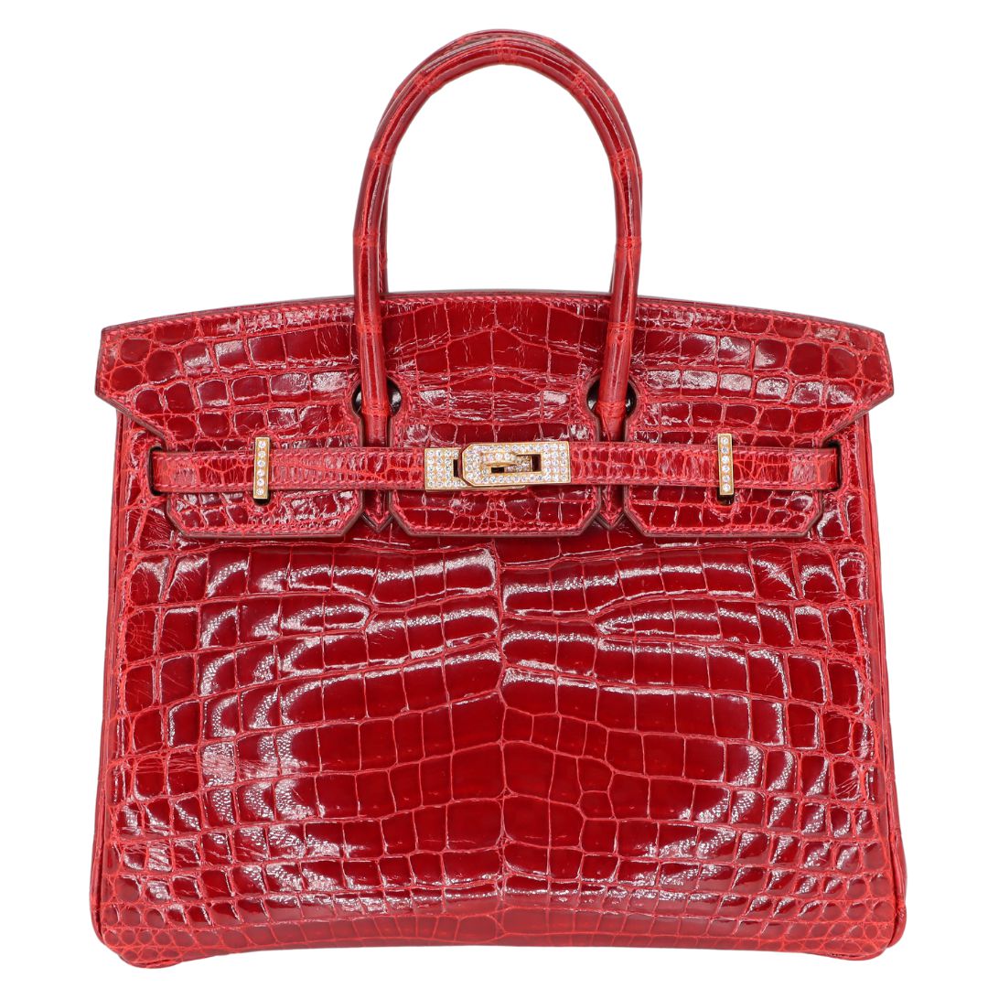Hermès 25cm Birkin Braise Shiny Niloticus Crocodile Yellow Gold Diamond Hardware