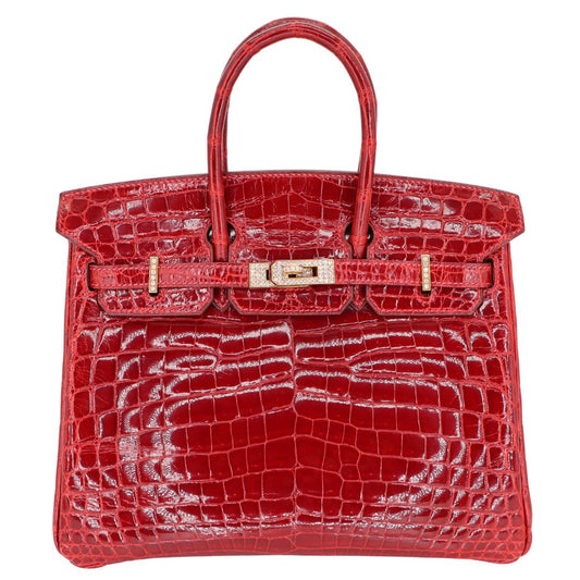 Hermès 25cm Birkin Braise Shiny Niloticus Crocodile Yellow Gold Diamond Hardware