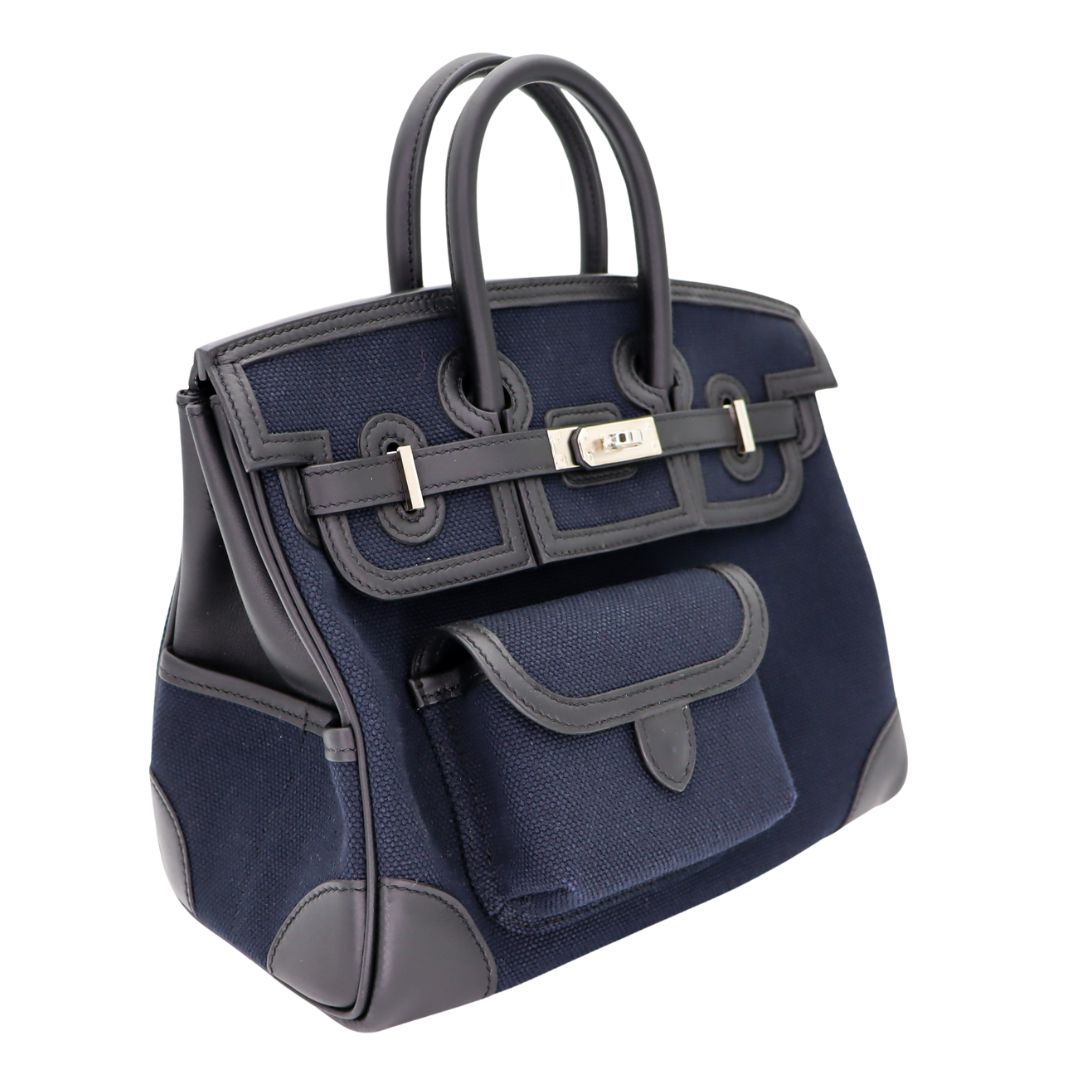 Hermès 25cm Birkin Cargo Bleu Marine/Black Canvas/Swift Leather Palladium Hardware