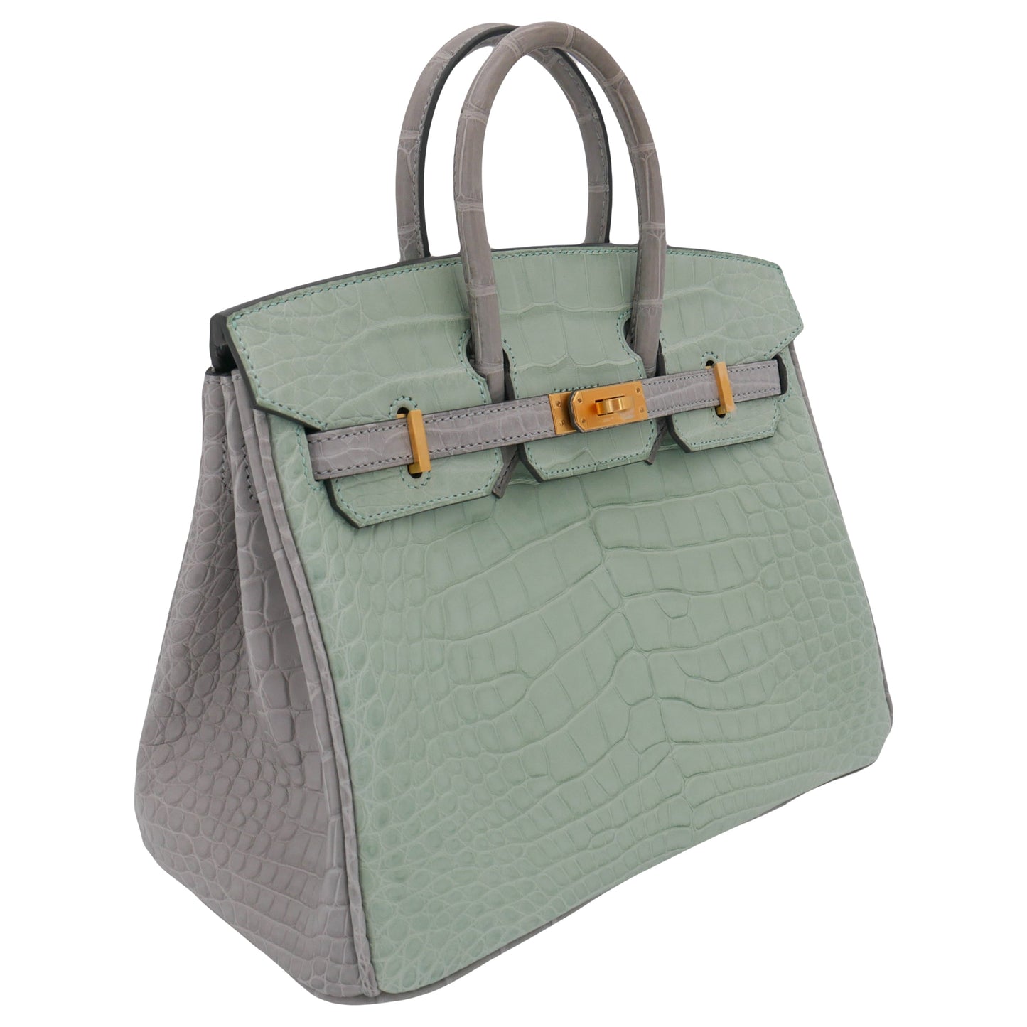 Hermès 25cm Birkin HSS Vert D'eau/Gris Perle Matte Alligator Brushed Gold Hardware