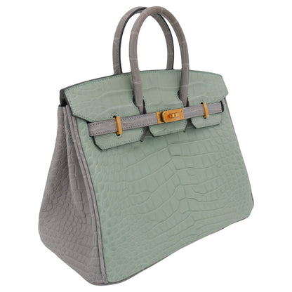 Hermès 25cm Birkin HSS Vert D'eau/Gris Perle Matte Alligator Brushed Gold Hardware