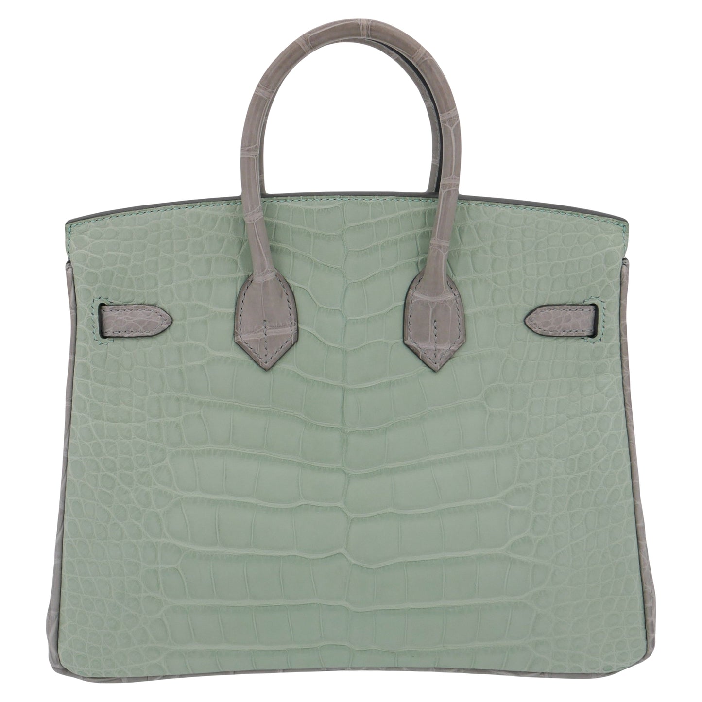 Hermès 25cm Birkin HSS Vert D'eau/Gris Perle Matte Alligator Brushed Gold Hardware