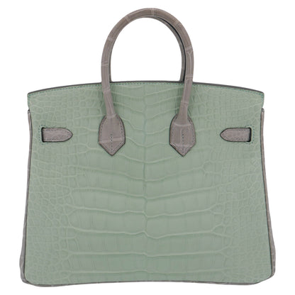 Hermès 25cm Birkin HSS Vert D'eau/Gris Perle Matte Alligator Brushed Gold Hardware