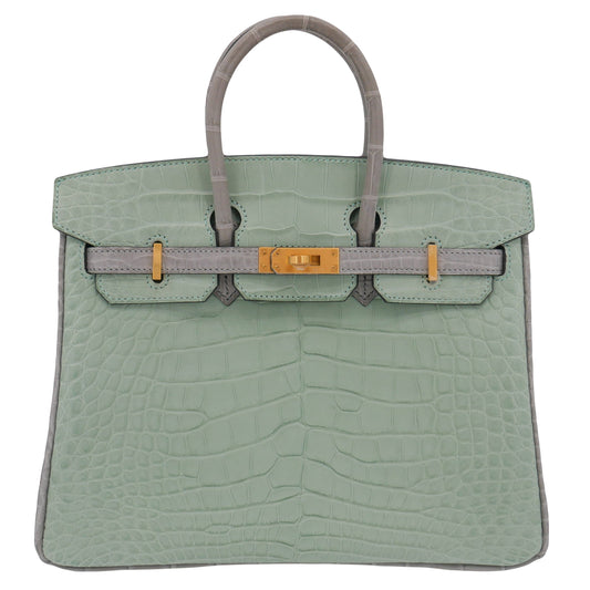 Hermès 25cm Birkin HSS Vert D'eau/Gris Perle Matte Alligator Brushed Gold Hardware