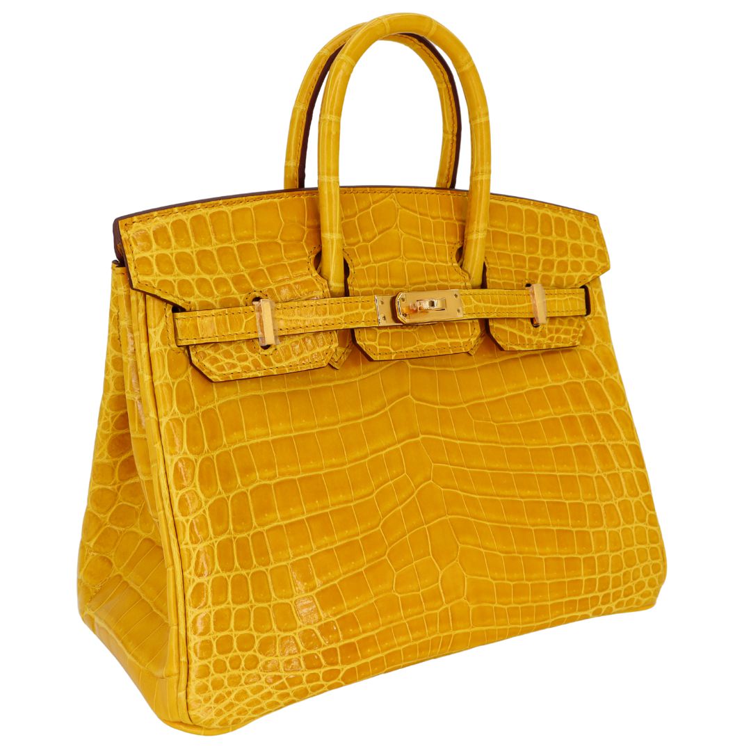 Hermès 25cm Birkin Jaune Ambre Shiny Niloticus Crocodile Gold Hardware