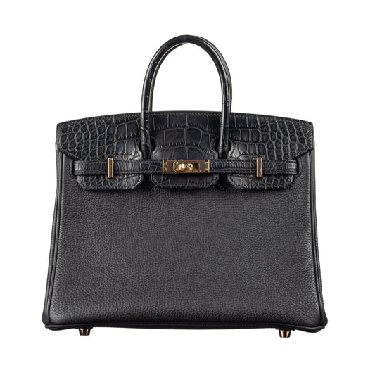 Hermès 25cm Birkin Touch Black Matte Alligator/Togo Leather Rose Gold Hardware