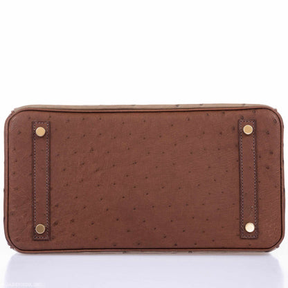 Hermès Birkin 30 Ghillies Marron Fonce, Etrusque, Mousse Ostrich Champagne Gold Hardware