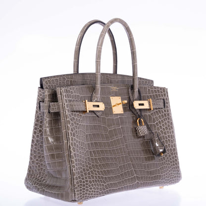 Hermès Birkin 30 Gris Tourterelle Porosus Crocodile Gold Hardware