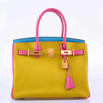 Hermès Birkin 30 HSS Rose Lipstick, Blue Aztec & Cumin Chevre Leather Brushed Gold Hardware - 2014, R Squared