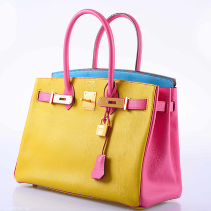 Hermès Birkin 30 HSS Rose Lipstick, Blue Aztec & Cumin Chevre Leather Brushed Gold Hardware - 2014, R Squared
