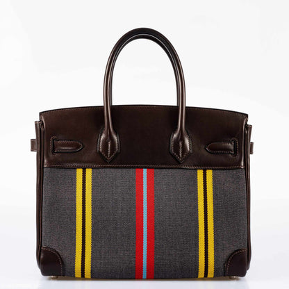 Hermès Birkin 30 Marron Fonce Calf & Colorful Wool Jumping Canvas Palladium Hardware