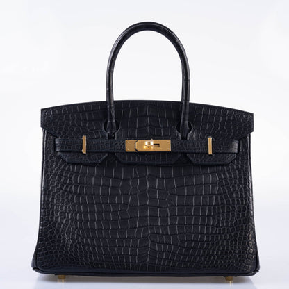 Hermès Birkin 30 Matte Black Porosus Crocodile Gold Hardware