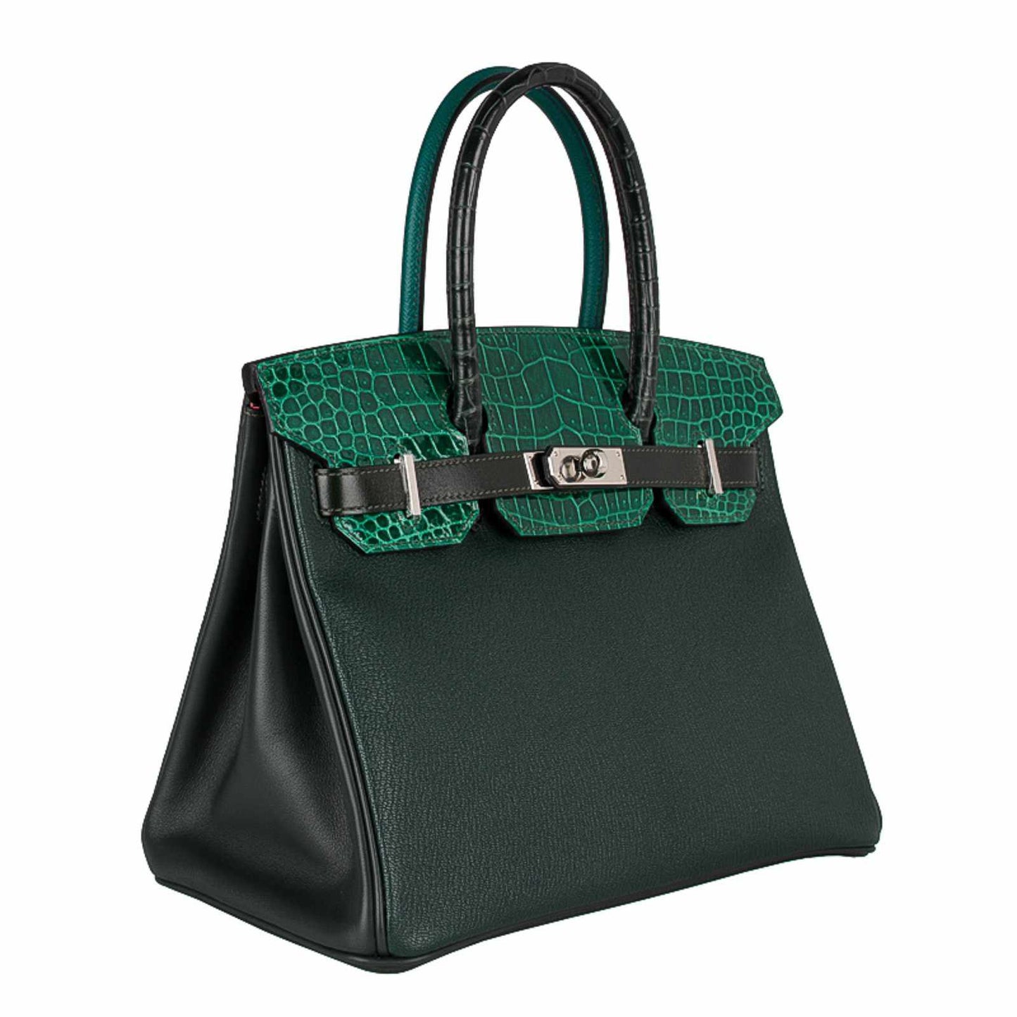 Hermès Birkin 30 "Patchwork" Vert Fonce Vert Titen Emerald Chevre Clemence Box Calf Porosus Crocodile Palladium Hardware